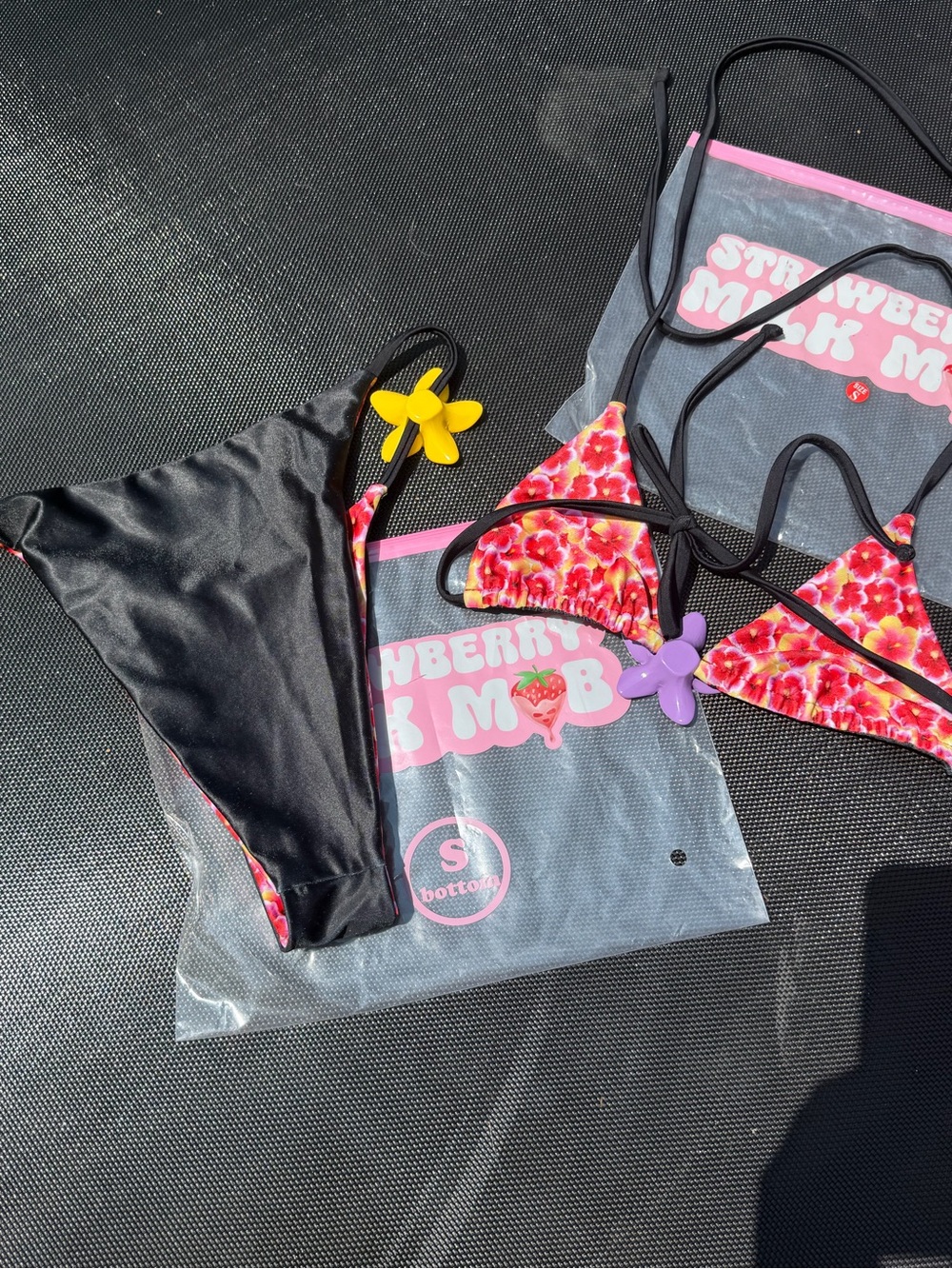 Strawberry Milk Mob Black Bikini with Pink and Yellow Floral Print - Picture 4 of 14